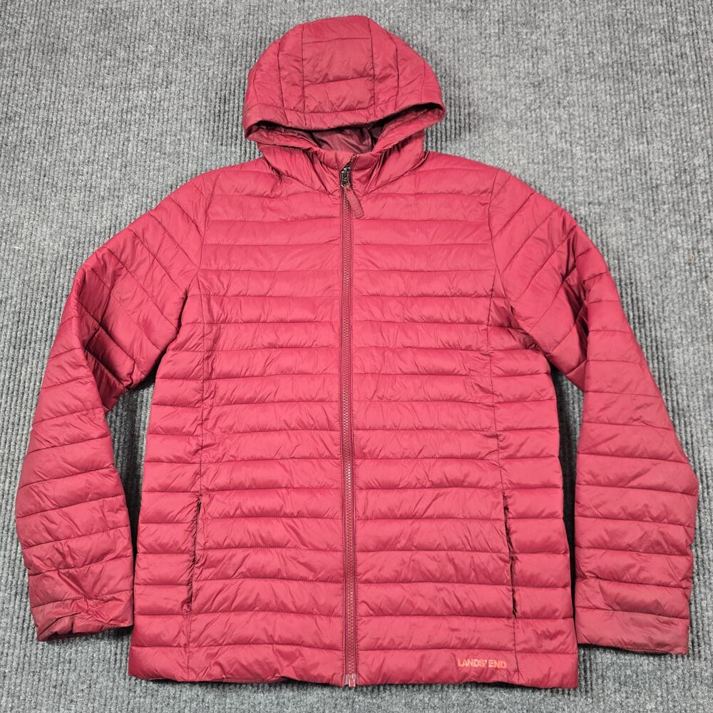 Lands' End Puffer Jacket Youth XXL 18-20 Red Hooded PrimaLoft Quilted Warm